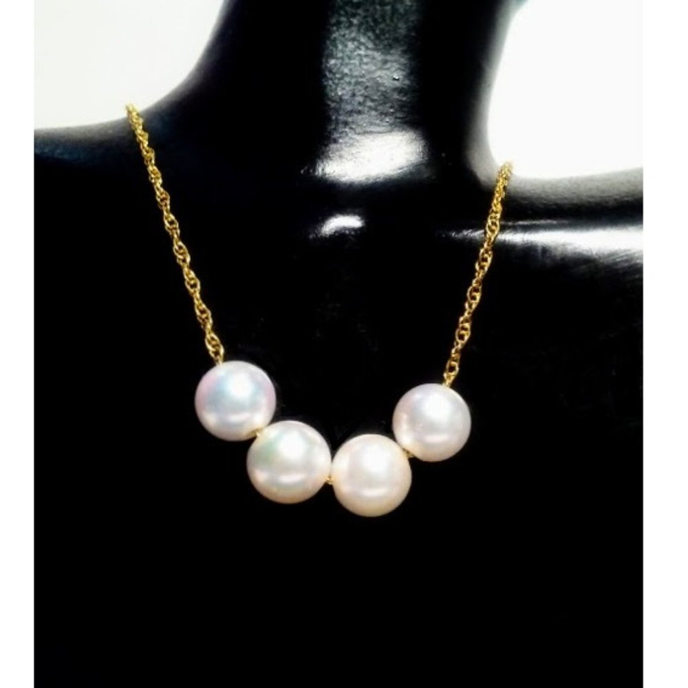 Solid 14K Yellow Gold Four Natural Round White Pearls Necklace 16"-19"
